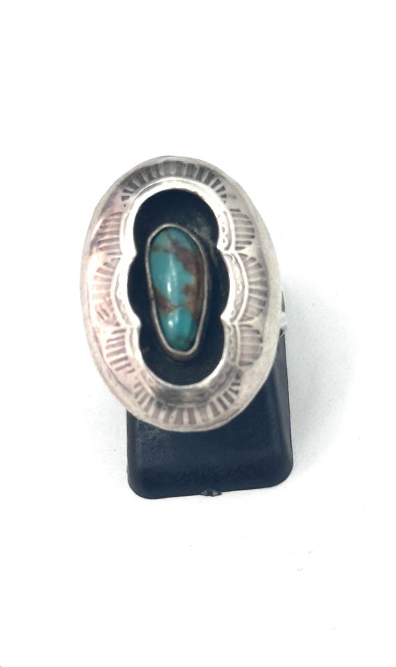 Sz 6.5 Vintage Native American Sterling Silver Shadow Box Turquoise Ring