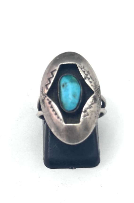 Sz 7 Vintage Native American Sterling Silver Shadow Box Turquoise Ring