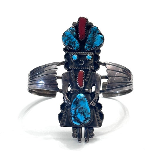 Native American Museum Quality Sterling Turquoise & Coral Kachina Motif Cuff Bracelet By Orville Manygoats (Navajo)
