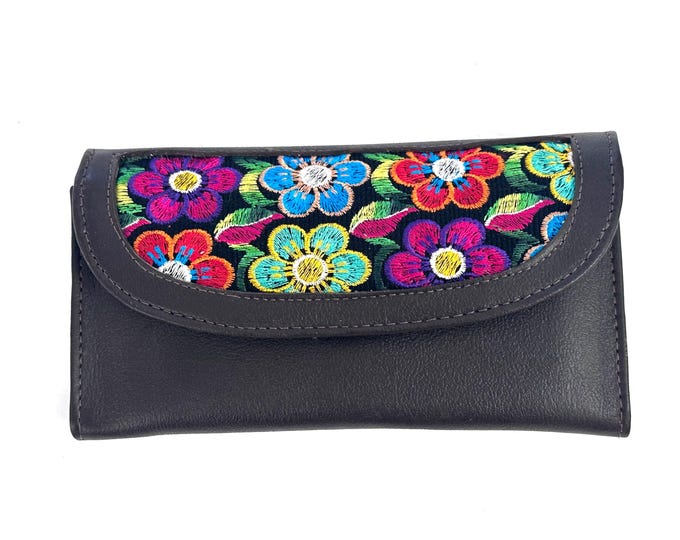 Leather Trifold Wallet, Embroidered Design Wallet With Check Book Slit