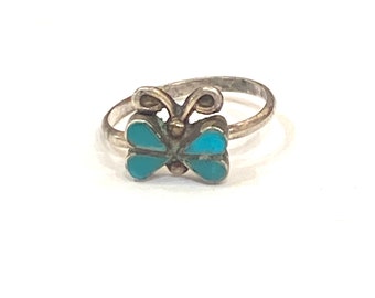 Sz 4.5, Vintage Zuni Handmade Sterling Silver Turquoise Butterfly Stone Inlay Ring (A172)