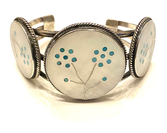 Vintage Zuni Sterling Silver Cuff Bracelet, Mother of Pearl Turquoise Inlay