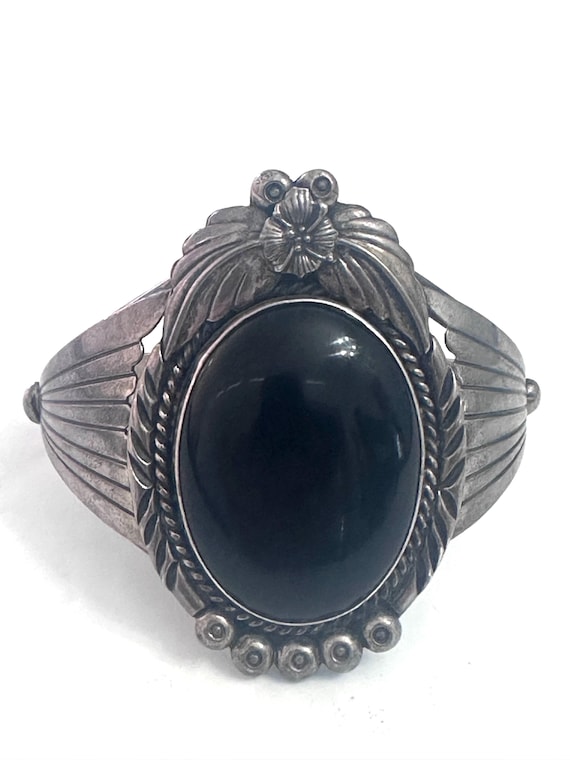 Huge Vintage Native American Sterling Silver Onyx Cuff Bracelet, 70 Grams
