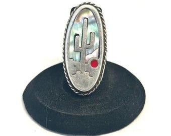 Mexican Vintage Abalone, Sterling Silver Saguaro Cactus Ring Sz 6.25