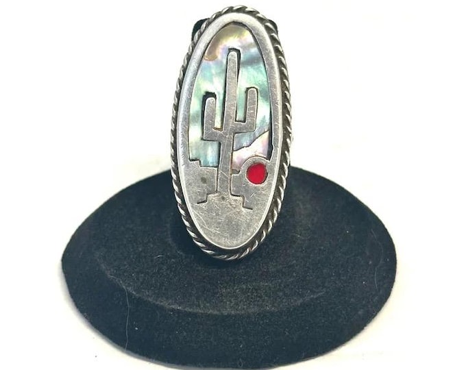 Mexican Vintage Abalone, Sterling Silver Saguaro Cactus Ring Sz 6.25