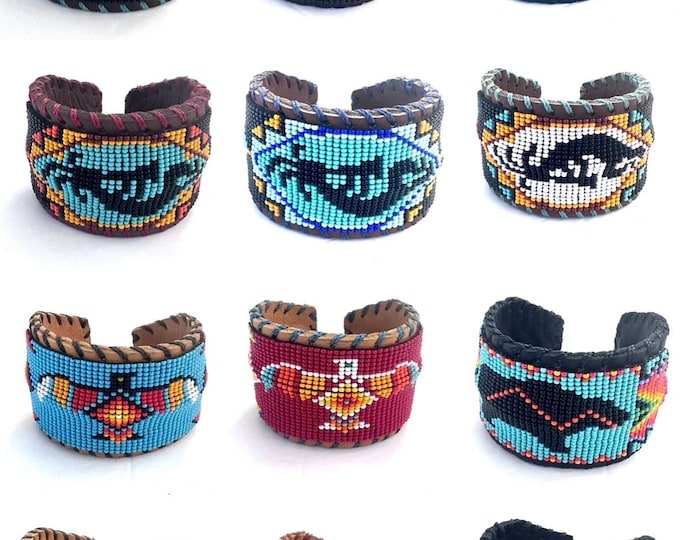 Unisex Leather Beaded Wide Cuff Bracelet / Bead Work Design