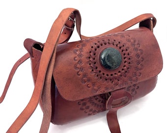 Guatemalan Tooled Genuine Leather &  Natural Jade Crossbody Bag, Adjustable Strap