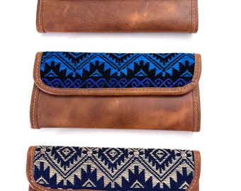 Guatemalan Leather Trifold Wallet, Embroidered Mayan Design Wallet With Check Book Slit