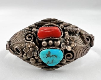 Vintage Navajo Natural Blue Turquoise & Coral Sterling Silver Leaf Cuff Bracelet By Ted Joe B009