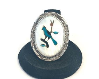 Vintage Large Sterling Silver Mother of Pearl Turquoise Bird Multi Stone Inlay Ring