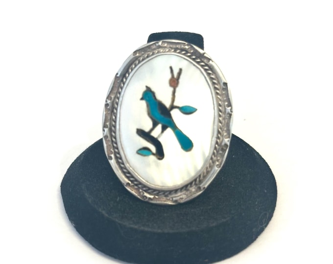 Vintage Large Sterling Silver Mother of Pearl Turquoise Bird Multi Stone Inlay Ring
