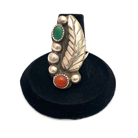 Size 6.75 Vintage Southwest Navajo Sterling Silver Leaf Green Turquoise Coral Ring (A015)