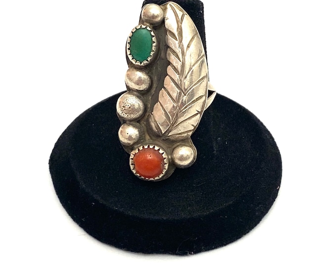 Size 6.75 Vintage Southwest Navajo Sterling Silver Leaf Green Turquoise Coral Ring (A015)