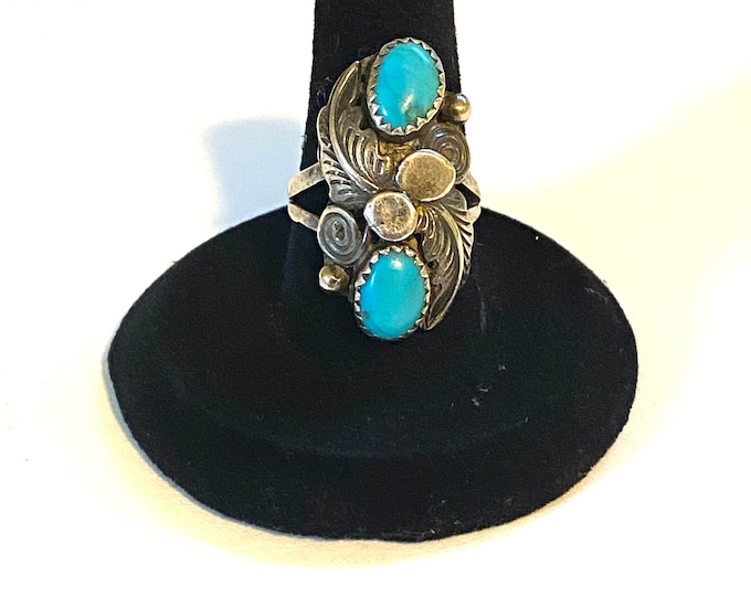 Size 7 Vintage Old Pawn Sterling Silver Turquoise Ornate Ring A012
