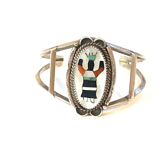 Vintage Sterling Silver Kachina Dancer Inlay Mother of Pearl Cuff Bracelet, Native American Jewelry B017