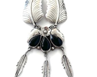 Collar Navajo vintage intrincado de plata esterlina y ónix (N023)