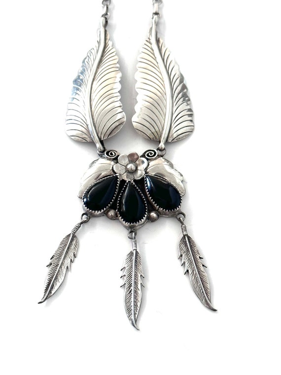 Intricate Vintage Navajo Sterling Silver Onyx Necklace (N023)