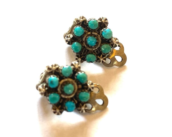 Vintage Zuni Sterling Silver & Snake-Eye Turquoise Clip Small Earrings (E008)
