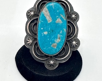 Sz 7.25  Huge Sterling Silver & Turquoise Ring By Navajo Artist Chimney Butte, 31 Grams