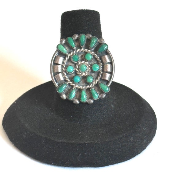 Sz 7 Vintage Native American Sterling Silver & Turquoise Cluster Ring (A010)