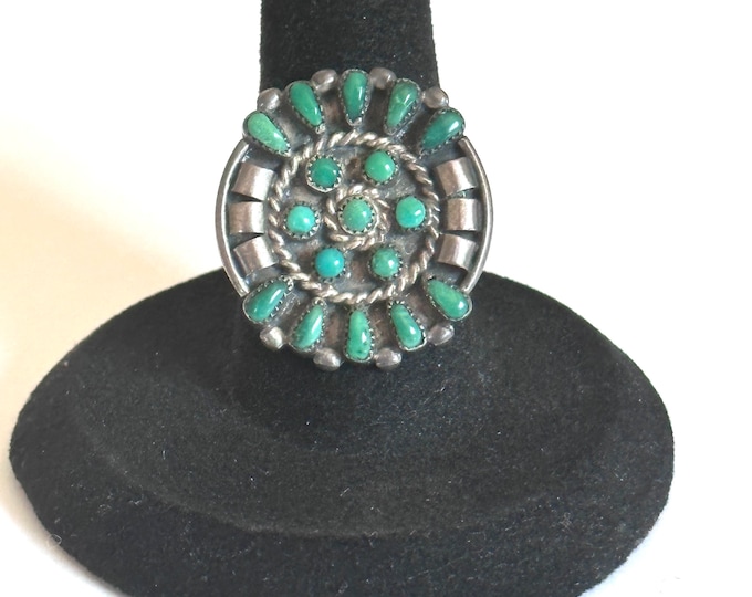Sz 7 Vintage Native American Sterling Silver & Turquoise Cluster Ring (A010)
