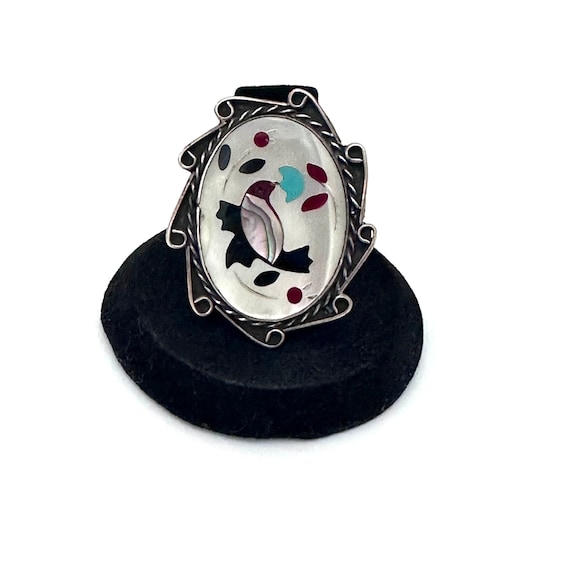 Size 7.5 Vintage Zuni Sterling Silver Mosaic Multi-Stone Inlay Ring (A021)