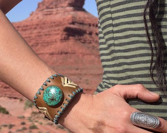 Adjustable Leather Chrysocolla Cuff Bracelet, Unisex