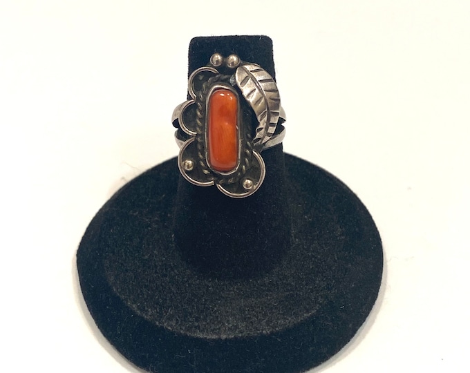 Vintage Handmade Native American Sterling Silver Coral Ring, Size 5.75