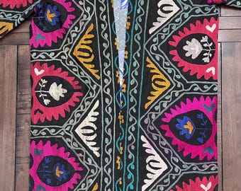 Uzbek Vintage Fully Embroidered Kimono Coat Size L/XL , Suzani Robe Dress