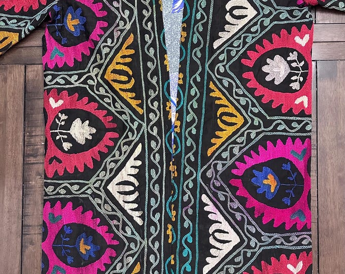 Uzbek Vintage Fully Embroidered Kimono Coat Size L/XL , Suzani Robe Dress