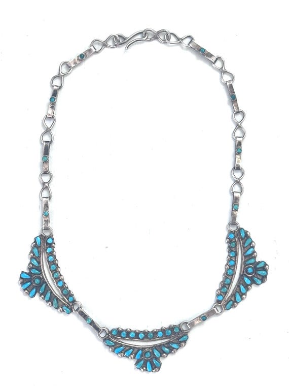 Delicate Vintage Zuni Native American Sterling Silver Petite Point Turquoise Necklace (N040)