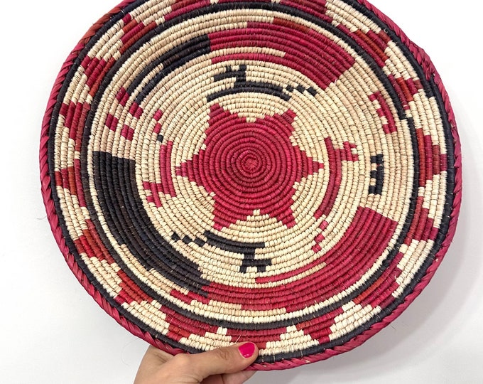 14" Shallow Woven Basket, Southwestern Decor, Bohemian Decor, Hippie Chic Decor