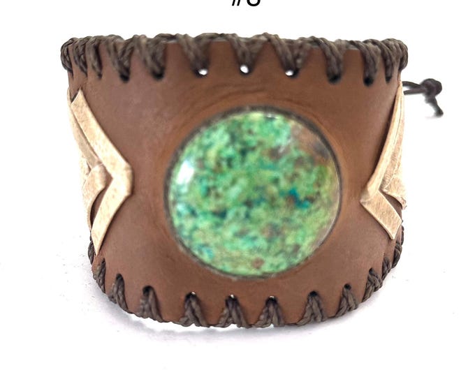 Adjustable Genuine Leather & Chrysocolla Stone Cuff Bracelet, Unisex
