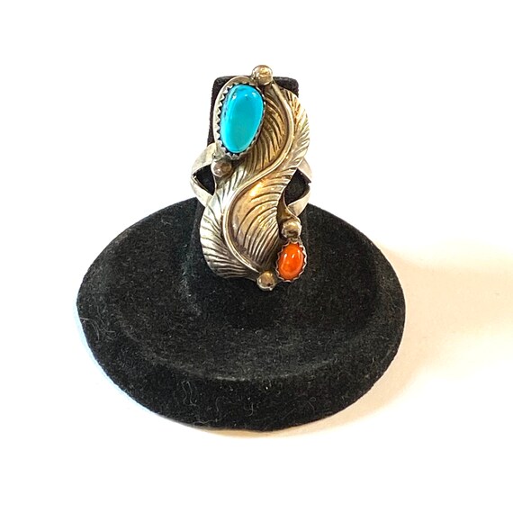 Size 6.5 Vintage Sterling Silver Turquoise And Coral Ring- Signed, #A065