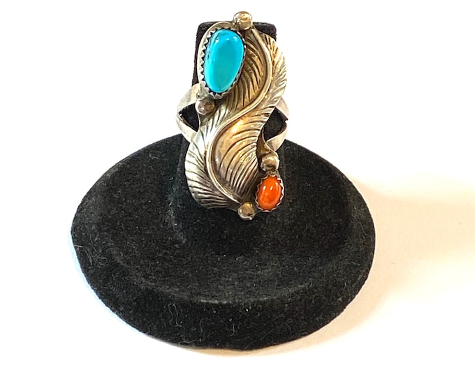 Size 6.5 Vintage Sterling Silver Turquoise And Coral Ring- Signed, #A065