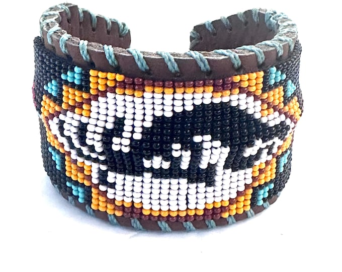 Unisex Leather Beaded Wide Cuff Bracelet / Bead Work Design