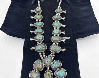 Vintage Sterling Silver Green Turquoise Squash Blossom Necklace, Earrings, and Cuff Set