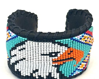 Unisex Leather Beaded Wide Cuff Bracelet /Eagle Bead Work Design