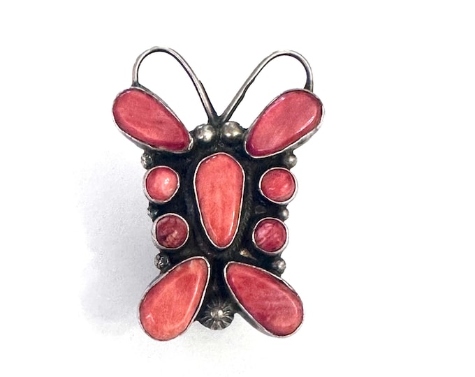 Vintage Native American Sterling Silver Red Spiny Oyster Butterfly Ring Signed