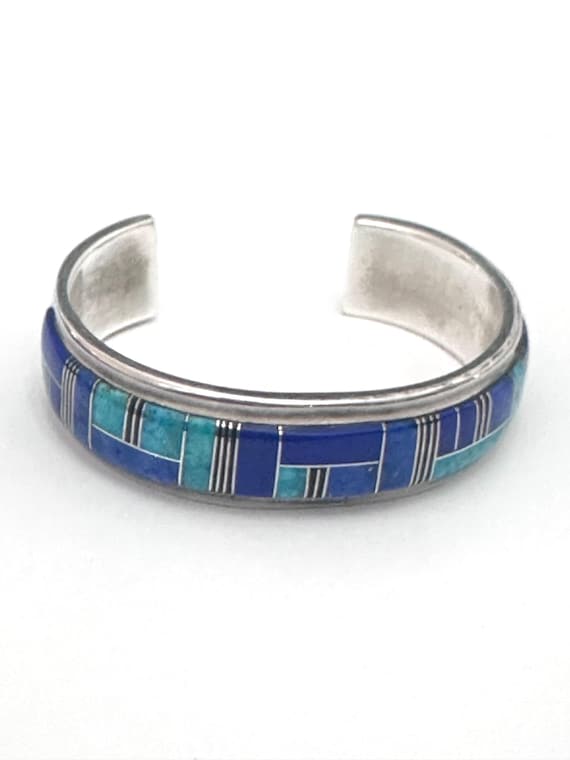 Vintage Native American Navajo Sterling Silver Turquoise Lapis Inlay Cuff Bracelet By Frank Chee