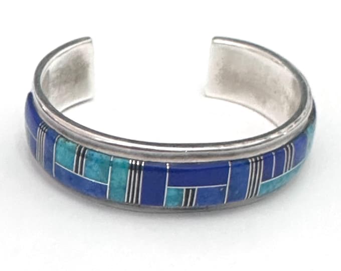 Vintage Native American Navajo Sterling Silver Turquoise Lapis Inlay Cuff Bracelet By Frank Chee
