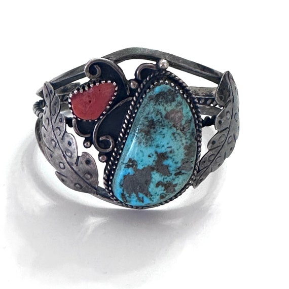 Vintage High Quality Navajo Sterling Silver Turquoise & Coral Cuff Bracelet (B001)