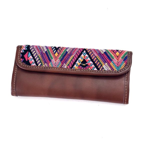 Guatemalan Leather Trifold Wallet, Embroidered Mayan Design Wallet With Check Book Slit