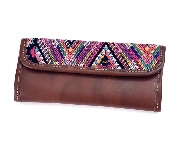 Guatemalan Leather Trifold Wallet, Embroidered Mayan Design Wallet With Check Book Slit