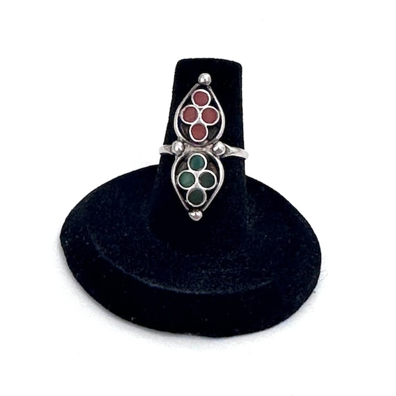 Size 5.75 Navajo Sterling Silver Vintage Green Turquoise & Coral Ring (A040)