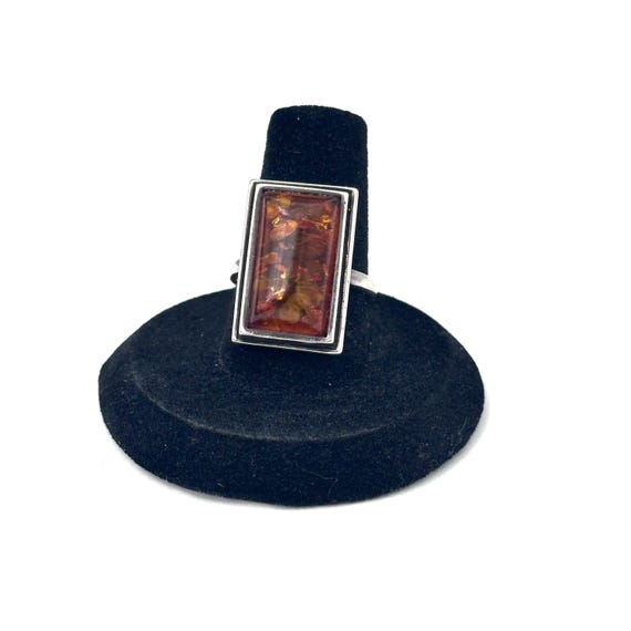 Vintage Sterling Silver Modernist Amber Ring Size 7.75