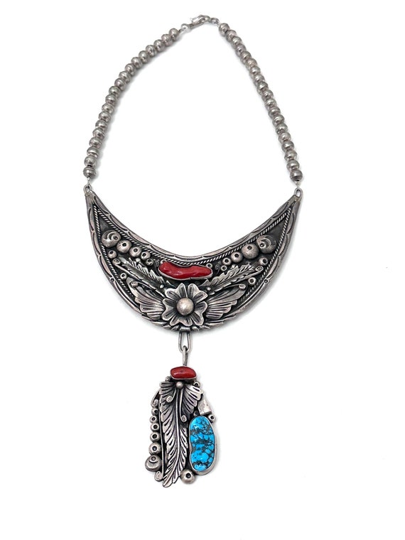 Vintage Navajo Sterling Silver Turquoise & Red Coral Necklace By Lee H. Nez, 83 Grams (N027)