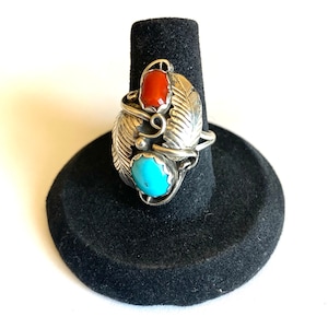 Size 7 3/4, Vintage Old Pawn Navajo Sterling Silver Turquoise & Coral Ring. A143