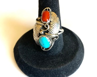 Size 7 3/4, Vintage Old Pawn Navajo Sterling Silver Turquoise & Coral Ring. A143
