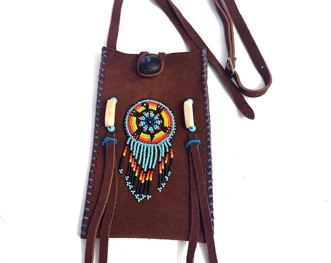 Small Handmade Medicine Leather Bag with Seed Bead Work